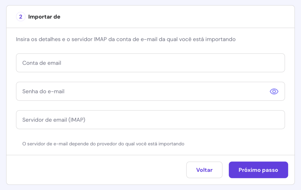 preenchendo detalhes para importa&ccedil;&atilde;o de email do hpanel