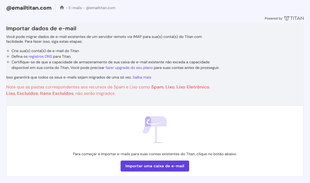 tela para importar email titan no hpanel