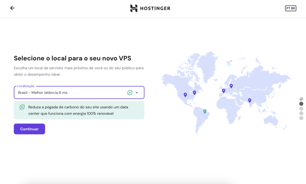 escolhendo localização de servidor ao configurar vps no hpanel