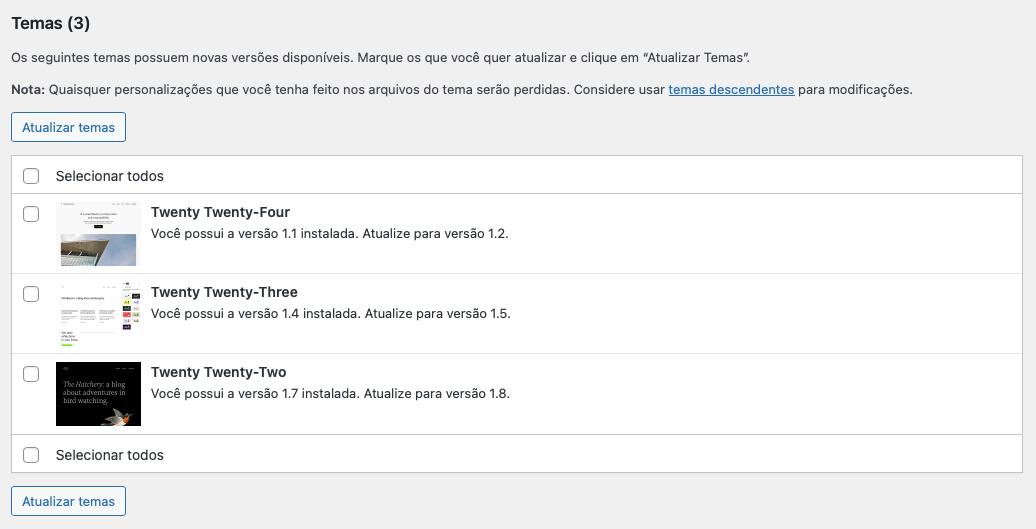 tela de atualiza&ccedil;&otilde;es do wordpress exibindo updates dispon&iacute;veis de temas