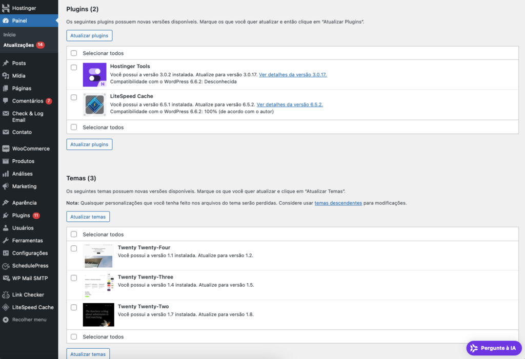 tela de atualiza&ccedil;&otilde;es do wordpress