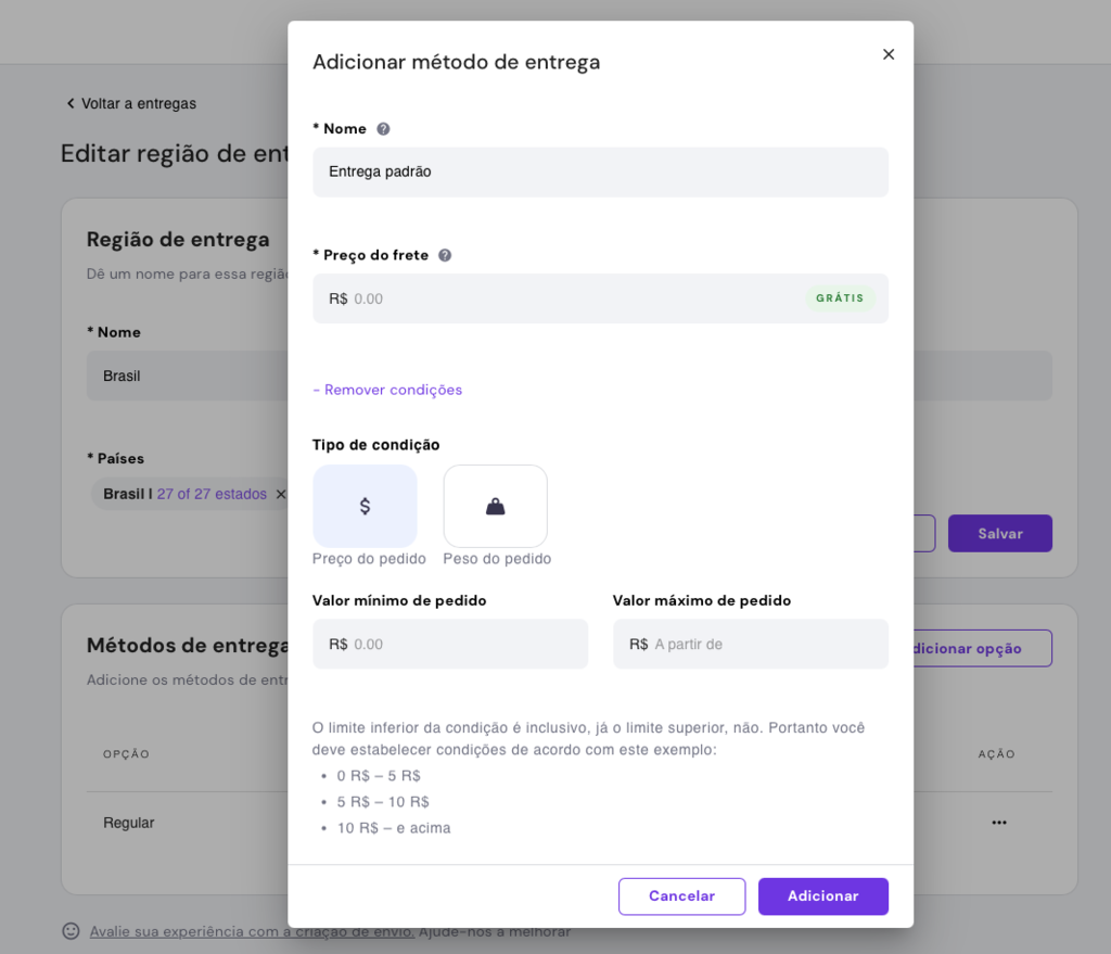 criando regi&atilde;o de entrega no gerenciador de loja virtual do exemplo de produto em loja virtual criada no criador de sites da hostinger