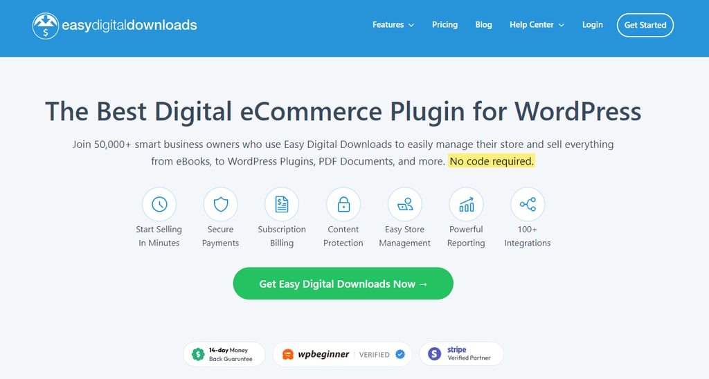p&aacute;gina inicial do plugin Easy Digital downloads para wordPress