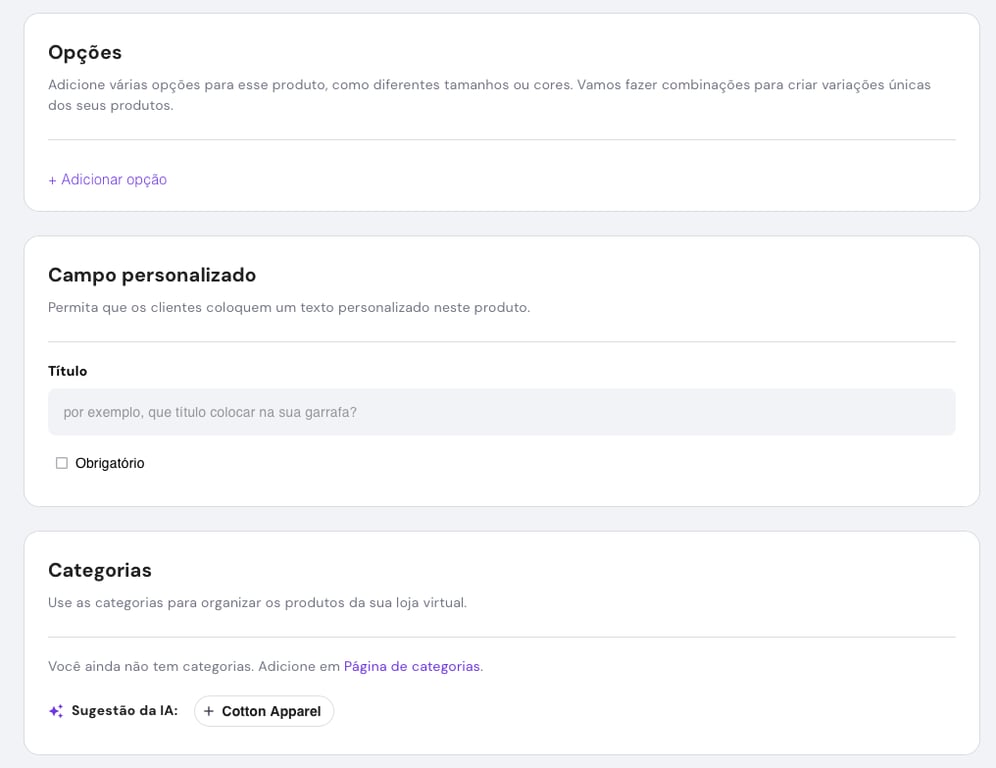 opções, campo personalizado e categorias no gerenciador de loja do criador de sites da hostinger