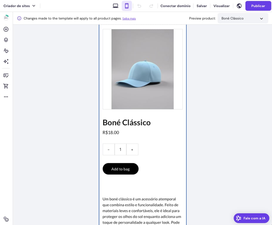 exemplo de produto em loja virtual criada no criador de sites da hostinger (visualização de dispositivo móvel)