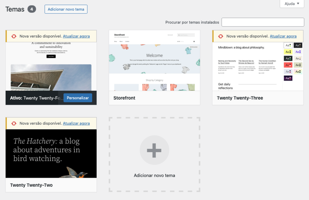 aviso de atualiza&ccedil;&atilde;o dispon&iacute;vel na p&aacute;gina de temas do wordpress