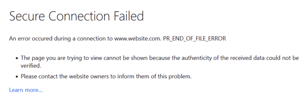 Imagem do erro de PR_END_OF_FILE_ERROR