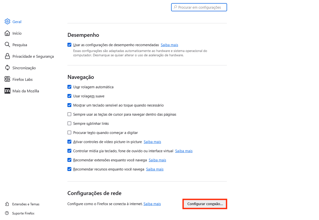 Configura&ccedil;&otilde;es de conex&atilde;o do Firefox