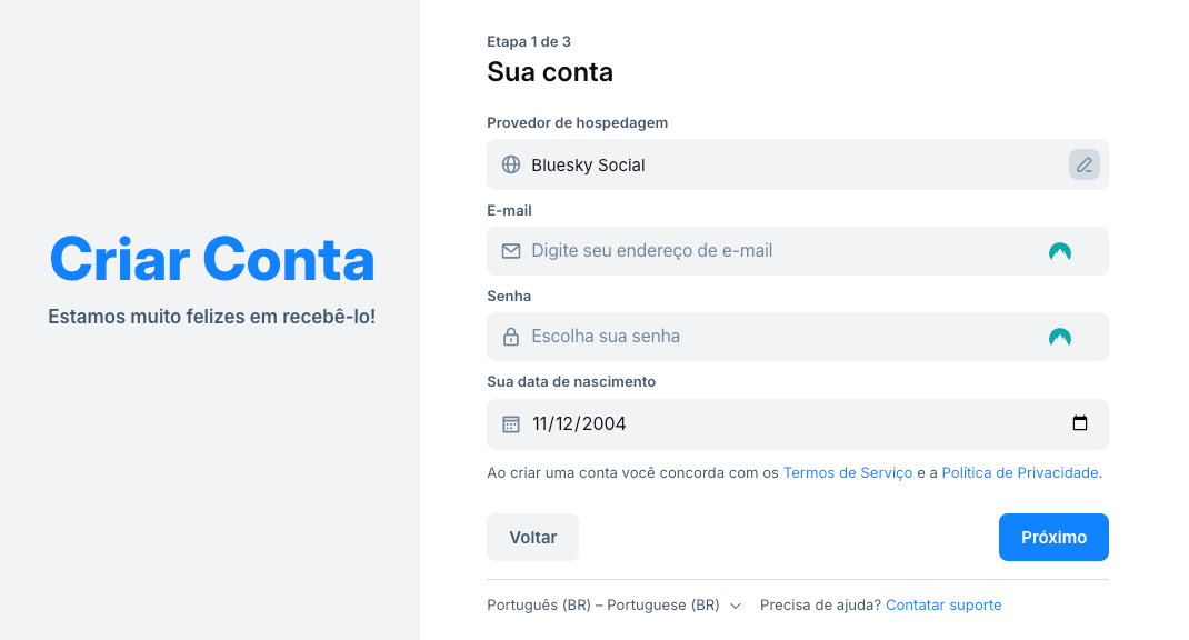 Página de criação de conta bluesky