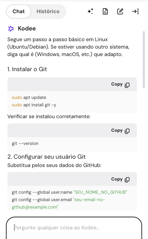 kodee dando os comandos para instalar o git e conectar sua conta do github
