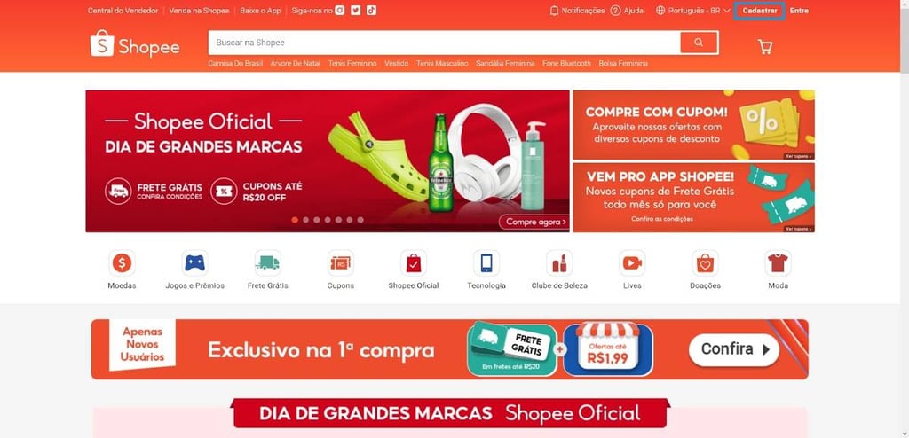 p&aacute;gina inicial da shopee