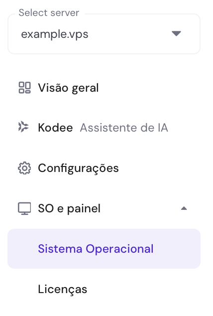 barra lateral do vps no hpanel com a op&ccedil;&atilde;o "sistema operacional" em destaque