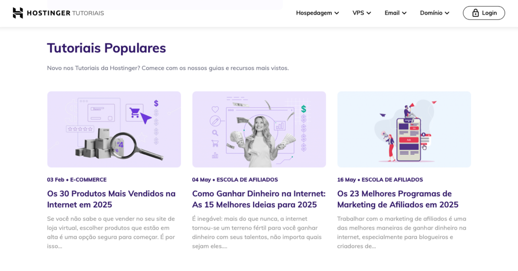 Captura de tela da página de Tutoriais da Hostinger como exemplo de site