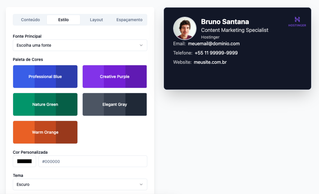 op&ccedil;&otilde;es de layout do cart&atilde;o de visita virtual no web app da hostinger horizons