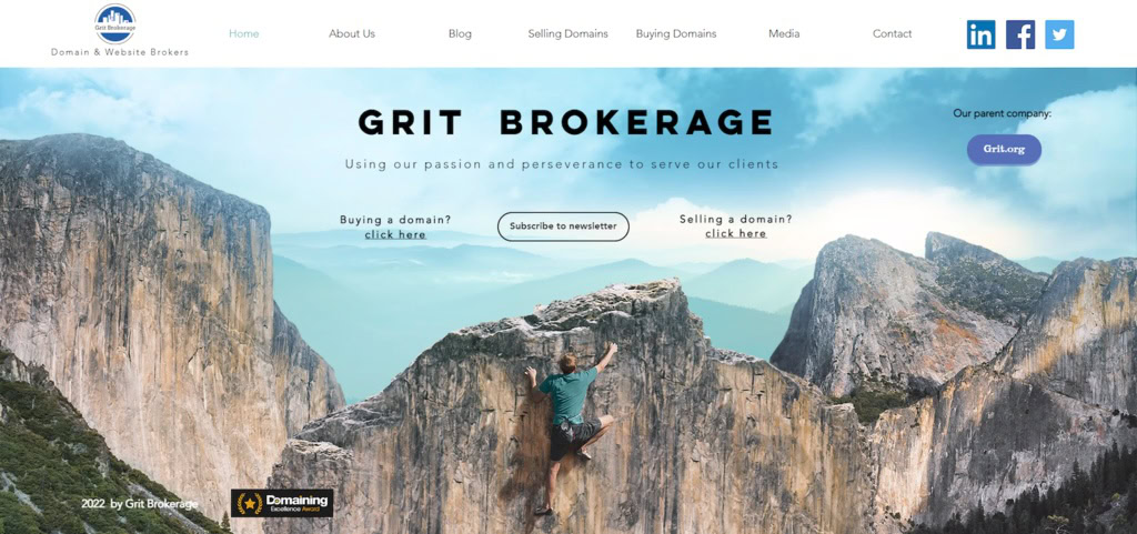 p&aacute;gina inicial da corretora de dom&iacute;nios grit brokerage