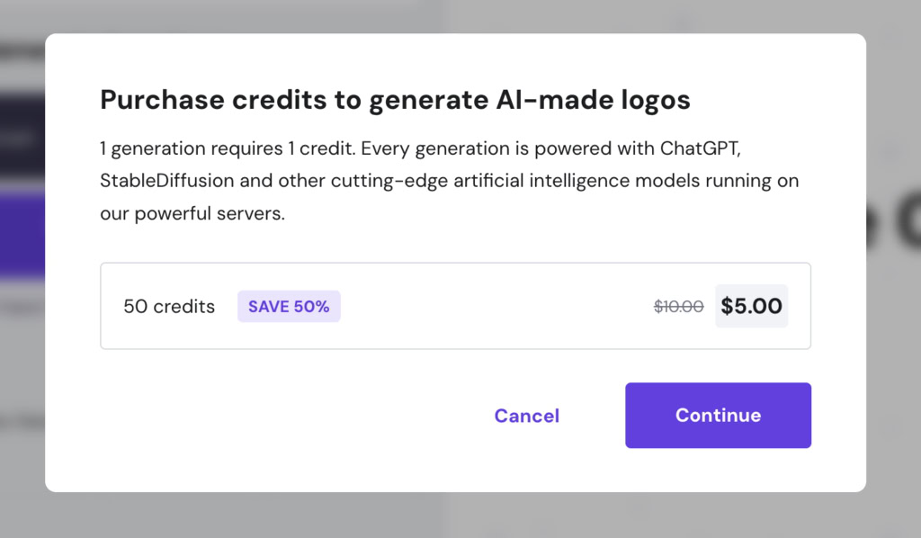 comprando cr&eacute;ditos para criador de logo da hostinger