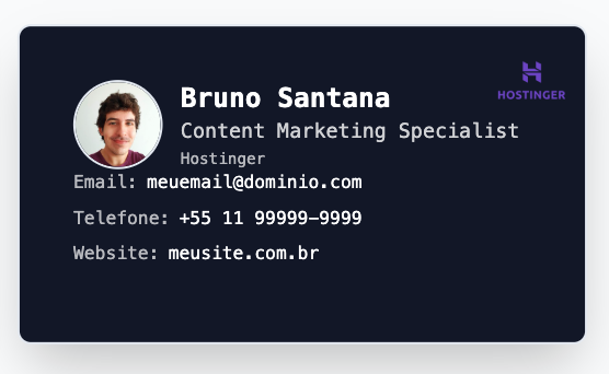 pr&eacute;-visualiza&ccedil;&atilde;o do cart&atilde;o de visita virtual no web app da hostinger horizons