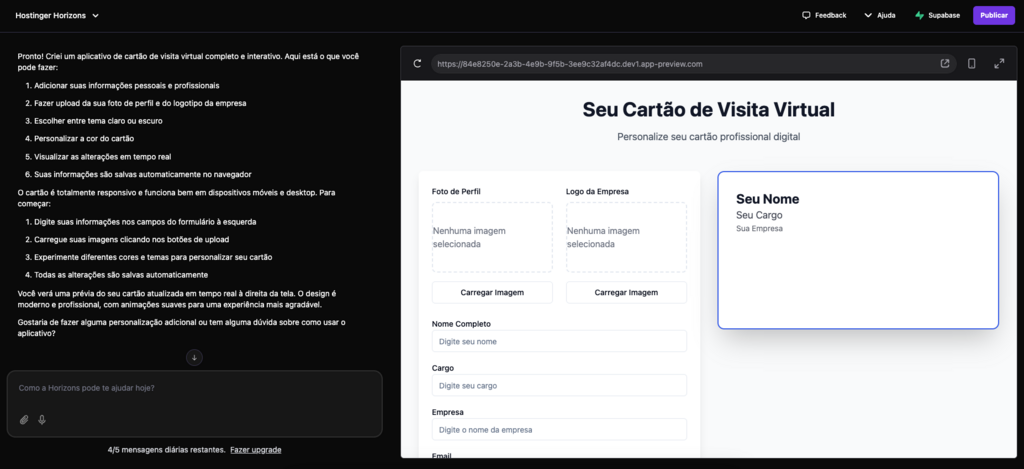 criando cartão de visita com a hostinger horizons