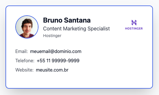 pr&eacute;-visualiza&ccedil;&atilde;o do cart&atilde;o de visita virtual no web app da hostinger horizons