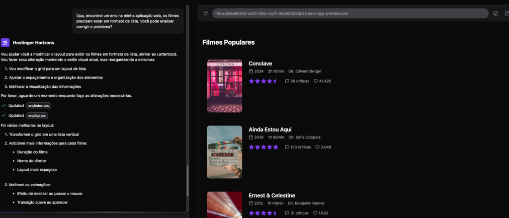corrigindo erros na hostinger horizons