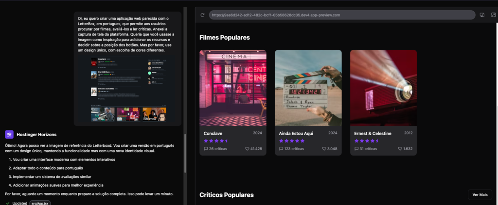 usando imagem pra criar web app na hostinger horizons