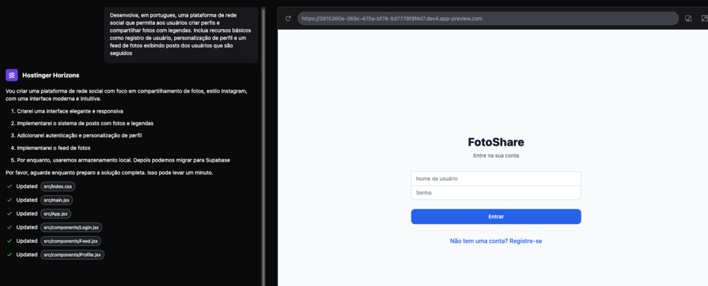 prompt com recursos b&aacute;sicos na hostinger horizons