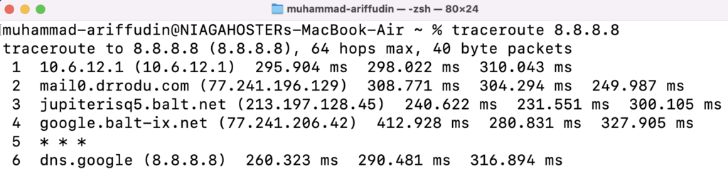 Janela do Terminal no macOS mostrando o resultado do comando traceroute.