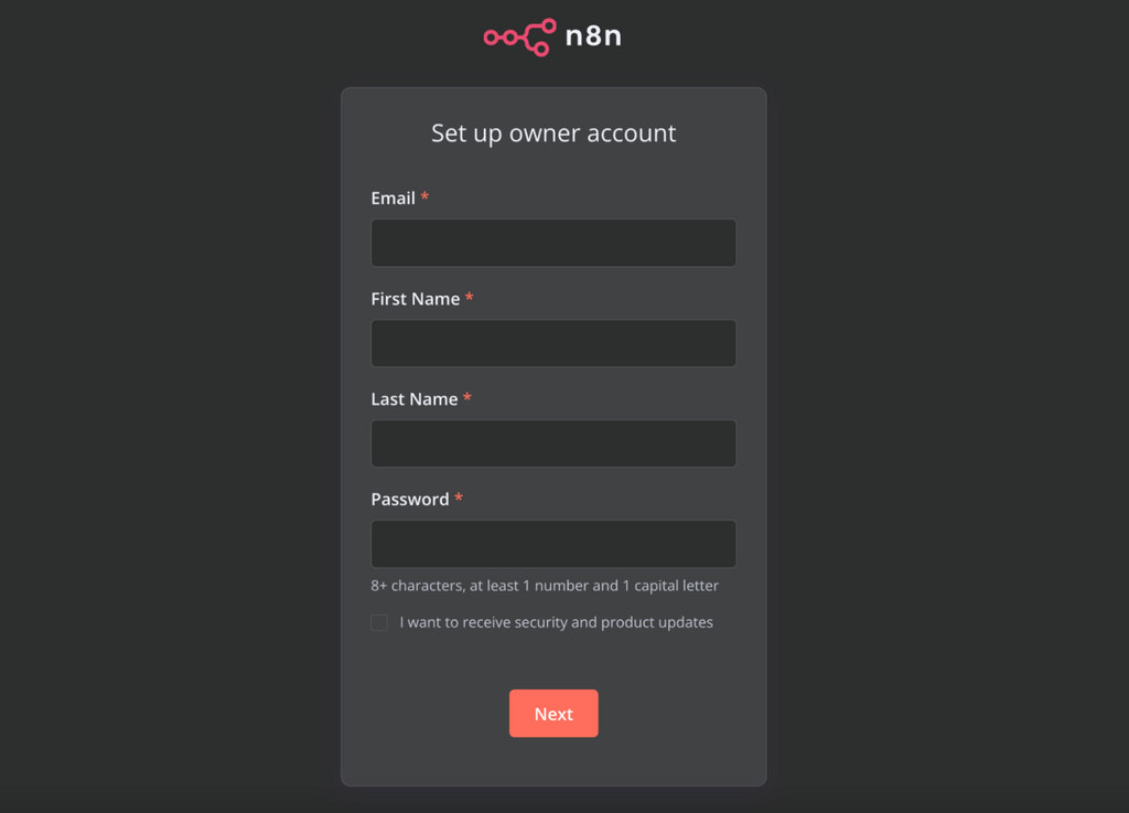 tela de registro do n8n