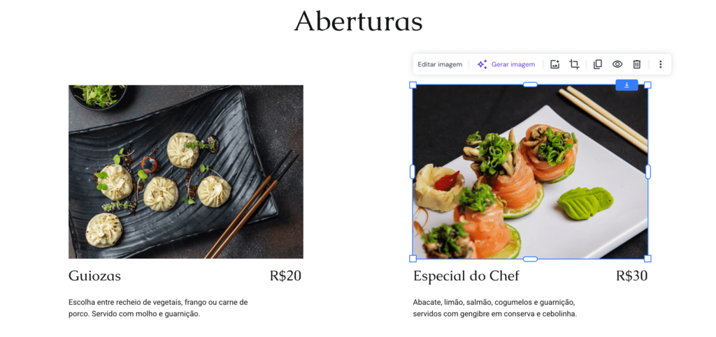Editar imagem no site para restaurante