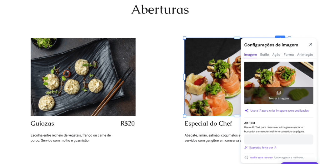Trocando a imagem do prato no site de restaurante