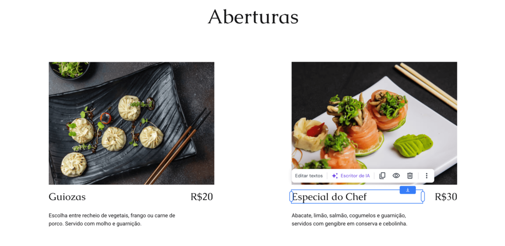 Editar texto dos pratos no site de restaurante