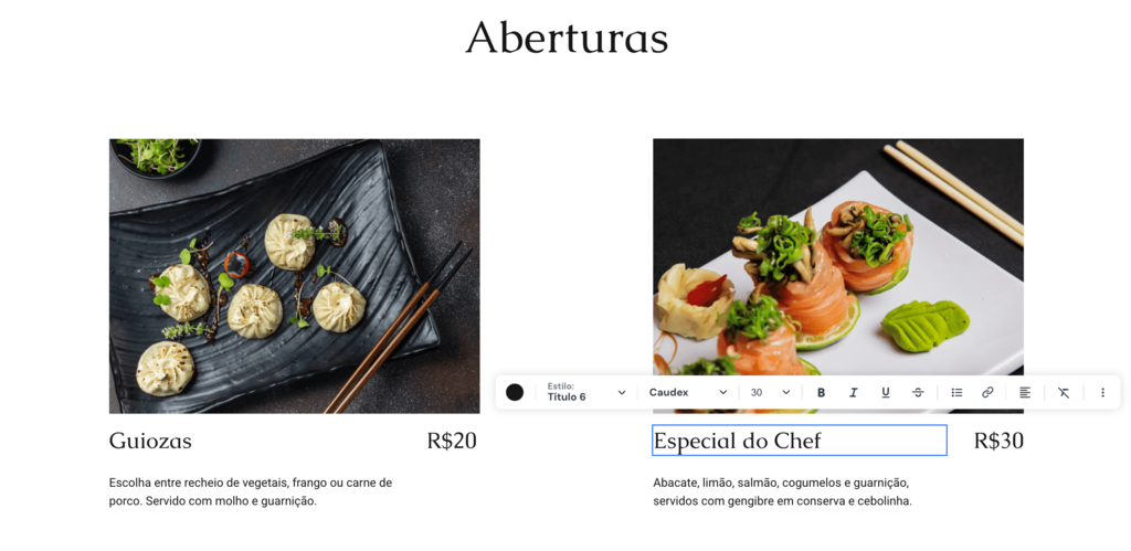 Editando o título do prato de sites de restaurantes