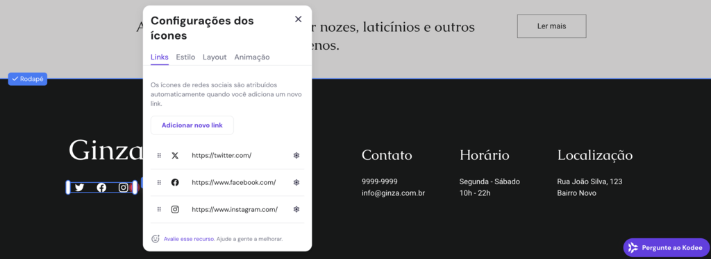 Configurações dos ícones sociais