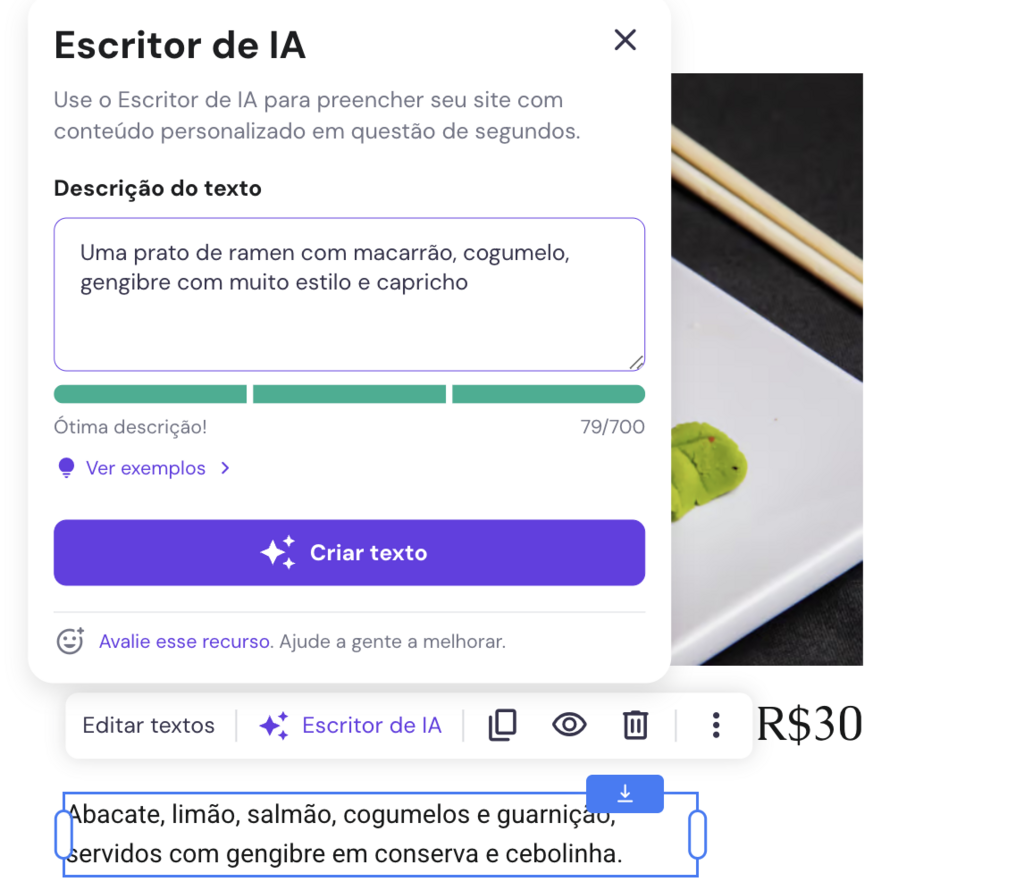 Escritor com IA gerando um texto para descrição de produto