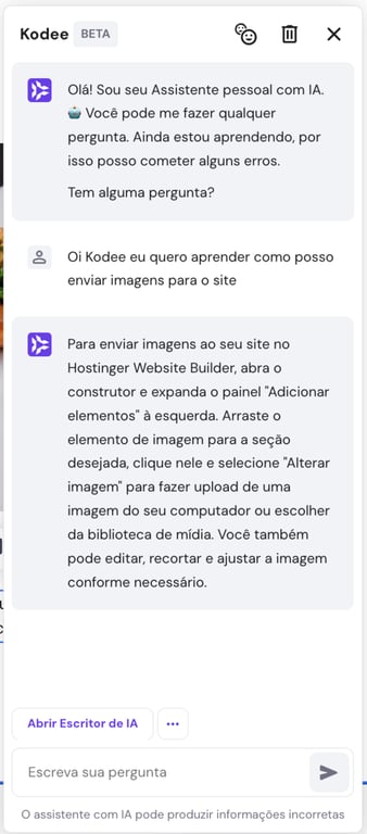 Imagem exemplo de uma conversa com o assistente com IA Kodee