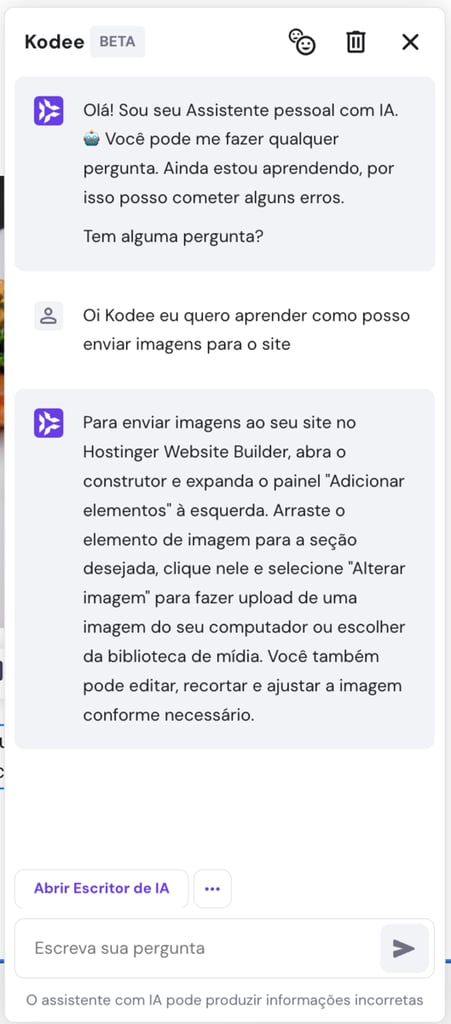 Imagem exemplo de uma conversa com o assistente com IA Kodee
