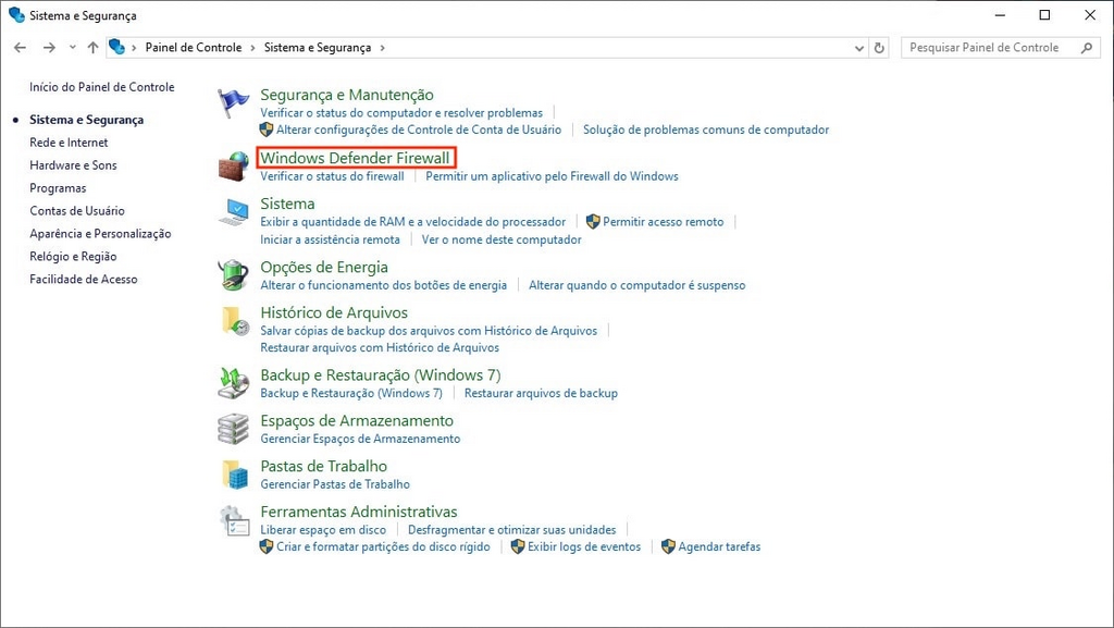 Escolhendo Windows Defender Firewall na interface Sistema e Seguran&ccedil;a do Windows