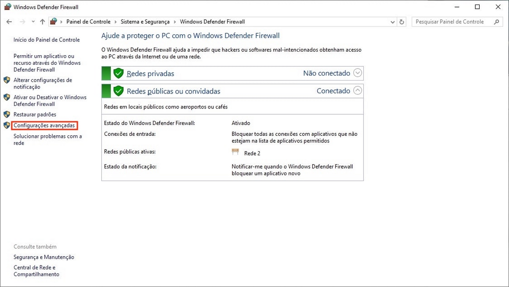 Escolhendo Configurações Avançadas no Windows Defender Firewall