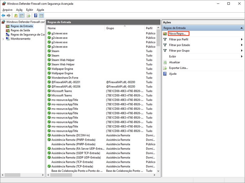 Adicionando uma nova Regra de Entrada no Windows Defender Firewall