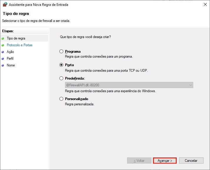 Escolhendo o tipo de regra a ser adicionada no Windows Defender Firewall