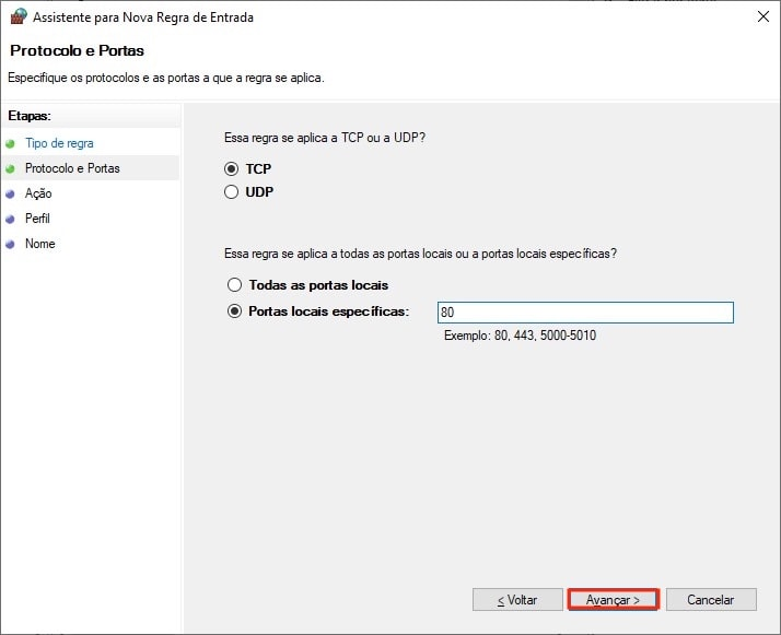 Adicionando as portas locais que você deseja permitir no Windows Defender Firewall