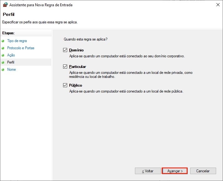 Especificando os perfis da nova regra no Windows Defender Firewall