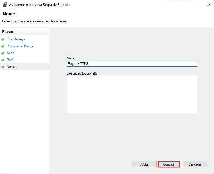 Adicionando o nome e a descrição à nova regra no Windows Defender Firewall