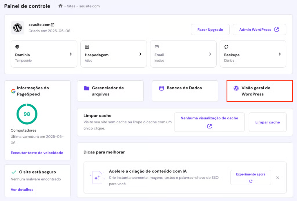 visao geral do wordpress no painel da hostinger