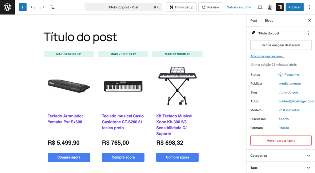 lista de produtos do mercado livre com o plugin conector de afiliado da hostinger para wordpress