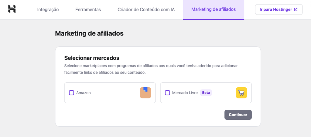 opção de ativar integração com amazon e mercado livre no plugin conector de afiliado da hostinger para wordpress