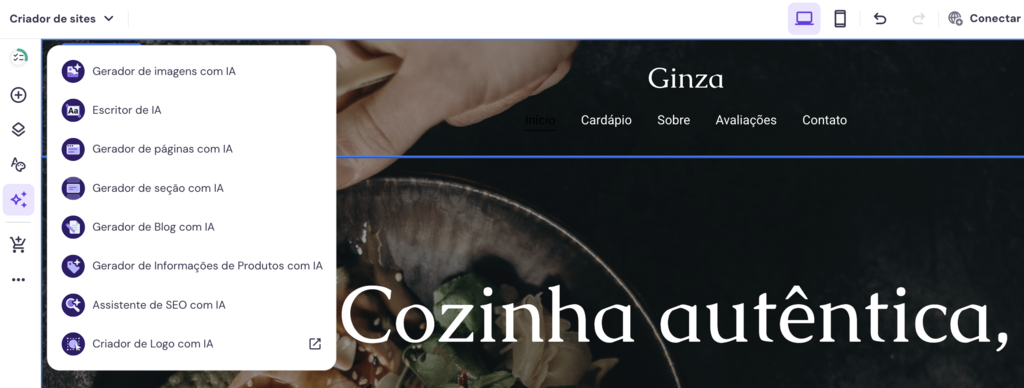 Criador de Sites para restaurantes mostrando as ferramentas com IA