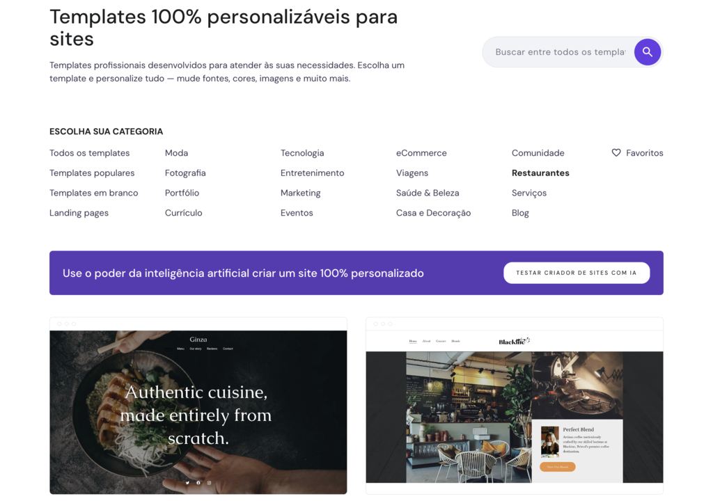 Templates disponivéis para Restaurantes no Criador de Sites da Hostinger