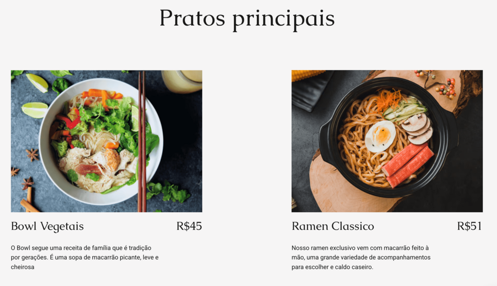 Imagem exemplo de como exibir seus pratos principais em seu site de restaurante