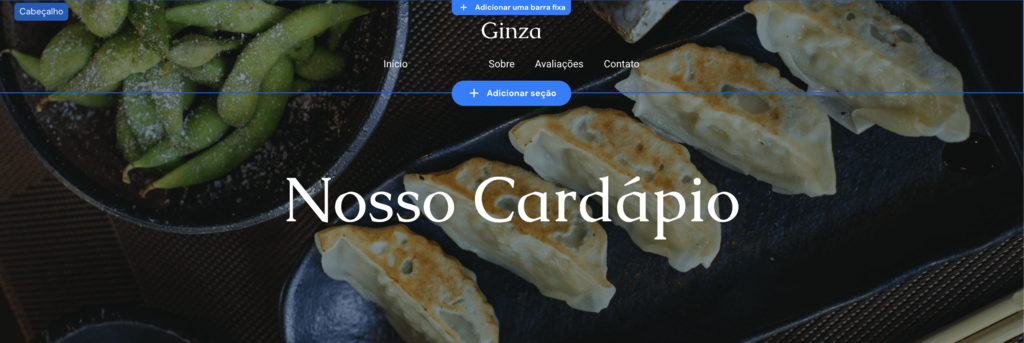 Página de cardápio de exemplo do site de restaurante